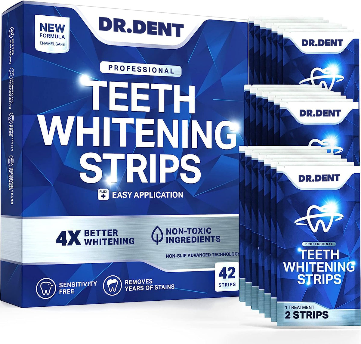 DRDENT Professional Teeth Whitening Strips 21 Treatments - Safe for Enamel - Non Sensitive Teeth Whitening - Whitening Without Any Harm - Pack of 42 Strips and Mouth Opener Included