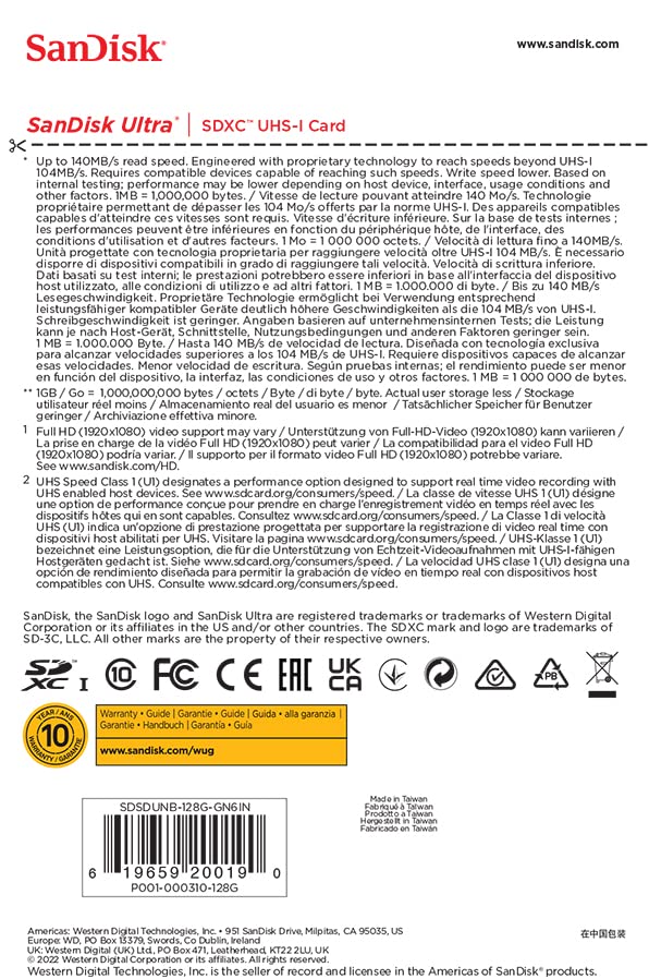SanDisk 128GB Ultra SDXC card up to 140 MB/s with A1 App Performance UHS-I Class 10 U1