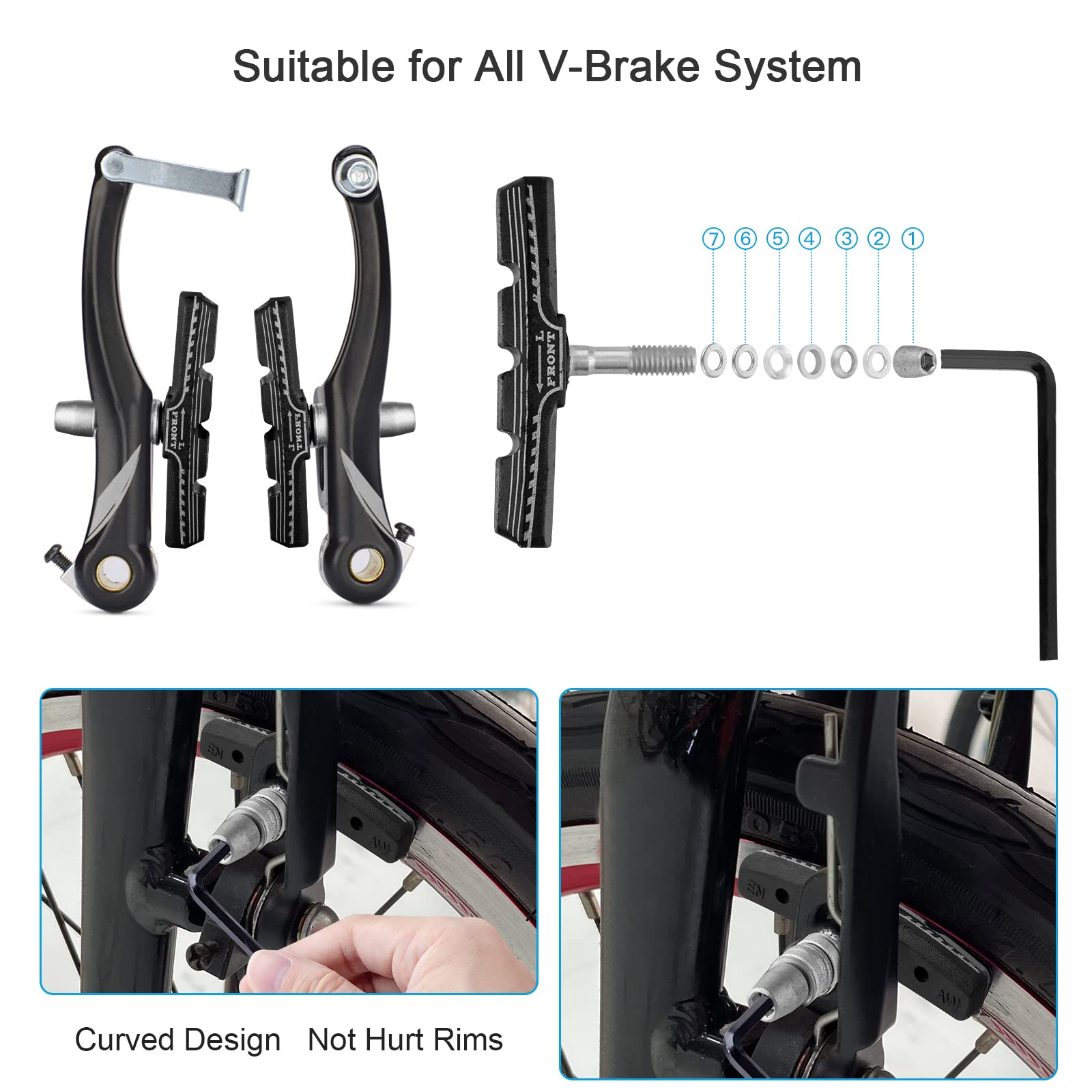 NUWAB 2 Pairs Premium Bike Brake Pads, Professional Mountain Bike V-Brake Pads with Hex Nuts and Spacers, Universal Bicycle Brake Blocks, 1PCS Allen Wrench Come With