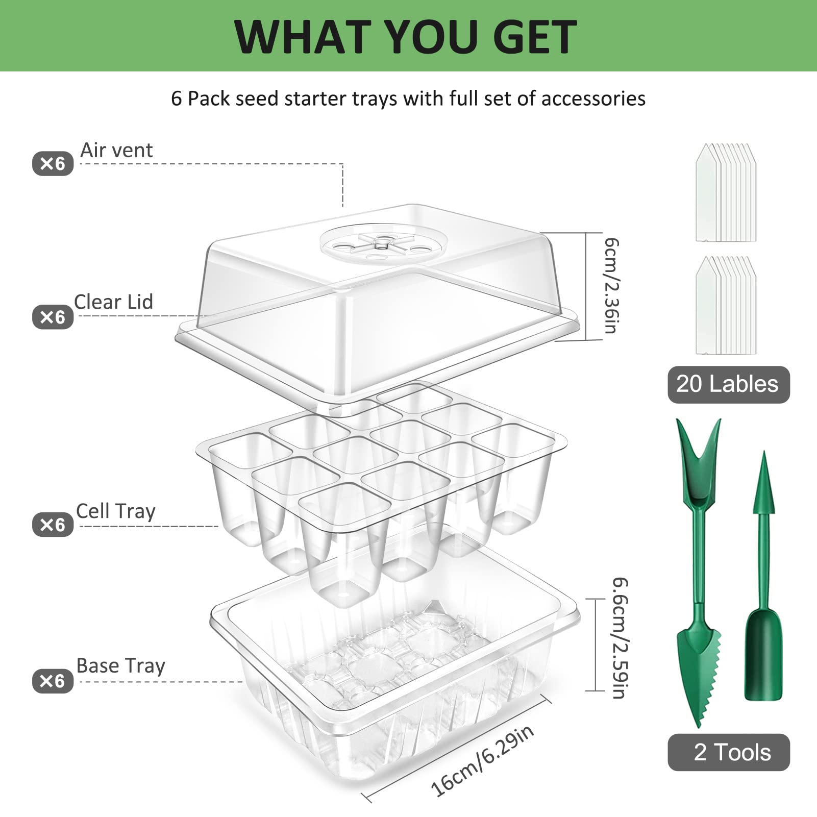 YAUNGEL Seed Trays, 6 Pack 72 Cells Propagator Growing Thicken Seedling Starter Growing Trays with Clear Lids/Adjustable Window for Greenhouse & Gardens, Transparent