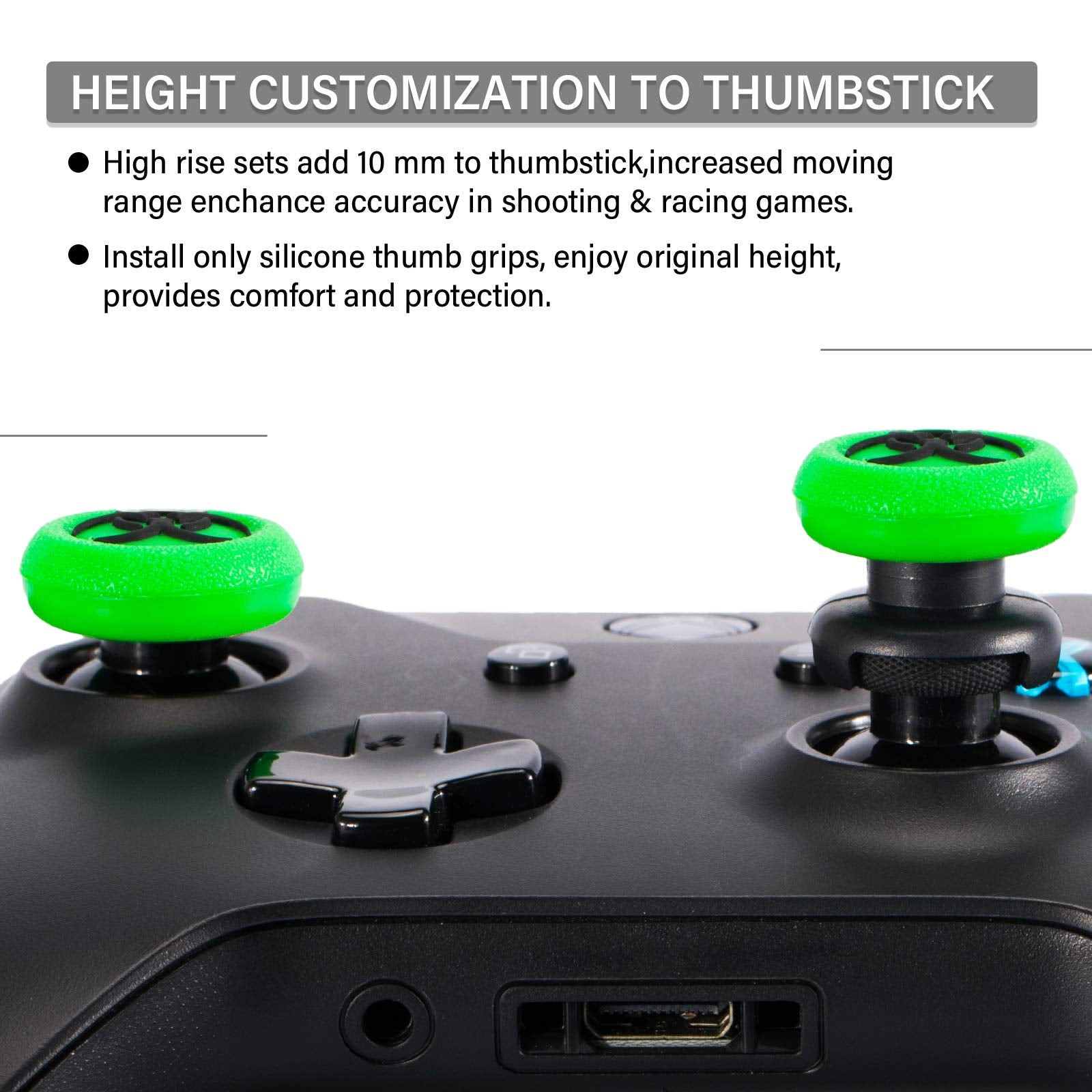 Playrealm FPS Thumbstick Extender & 3D Texture Rubber Silicone Grip Cover 2 Sets for Xbox Series X/S & Xbox One Controller (BioH Green)