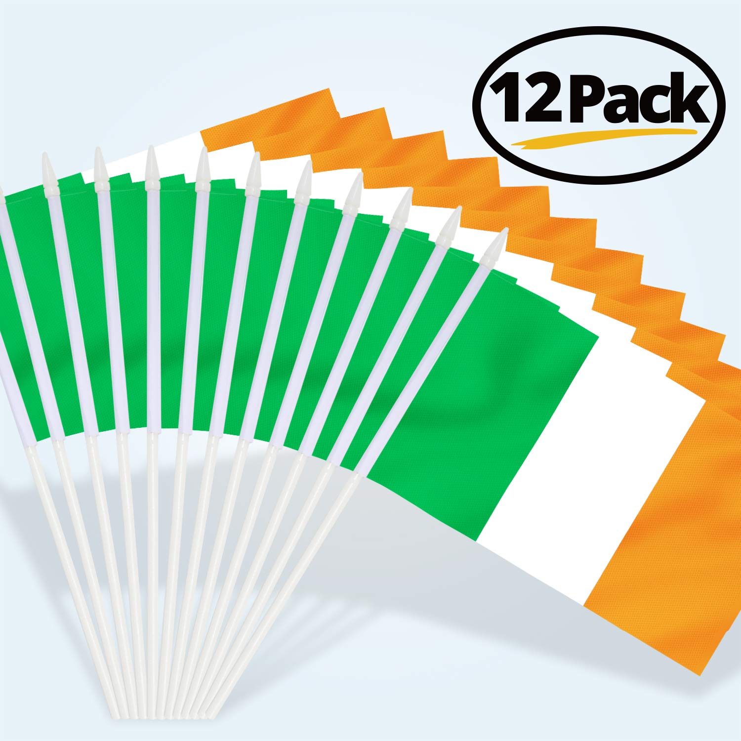 Ireland Stick Flag, ANLEY Irish National 5x8 inch HandHeld Mini Flag With 12 inches White Solid Pole - Vivid Color and Fade Resistant - Hibernian 5 x 8 inch Hand Held Stick Flags With Spear Top (1 Dozen)