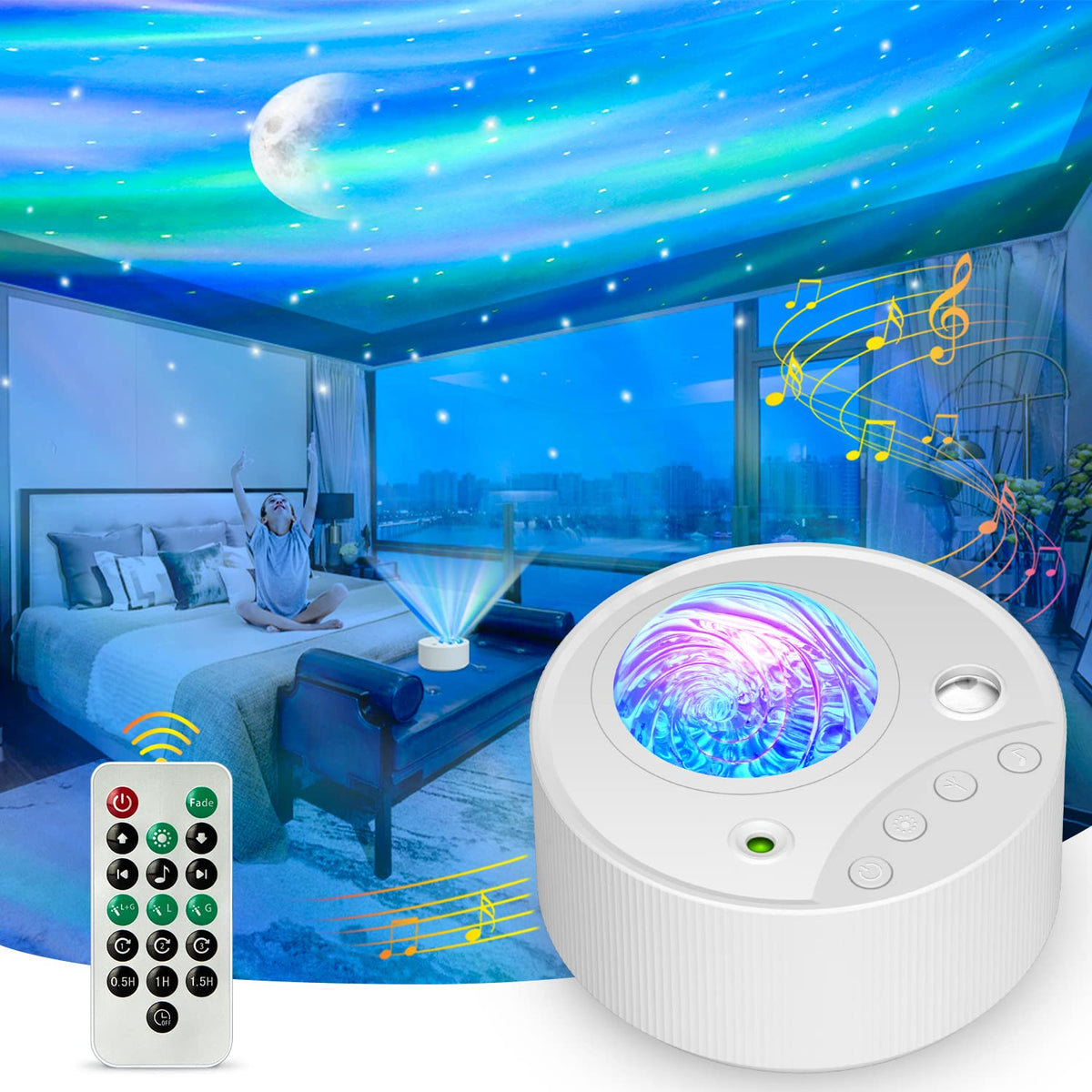 ibell Galaxy Projector Northern Lights Aurora Projector, 14 Colors Star Projector Sensory Lights Night Light Projector for Bedroom, Moon Galaxy Light Projector with White Noise & Timer for Kids Gift