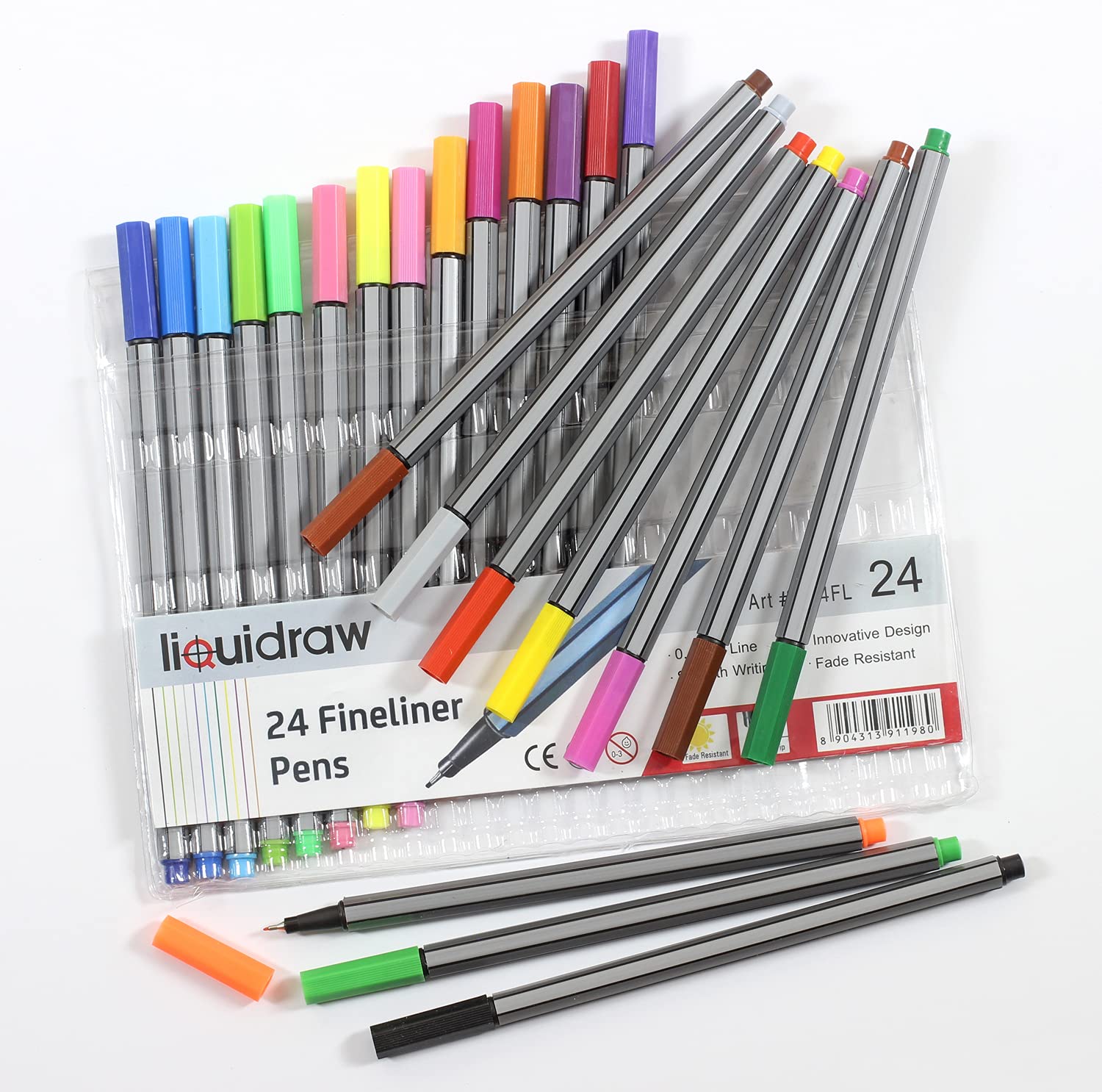 Liquidraw 24 Fineliner Colouring Pens Set Fine Point Pens 0.4mm Assorted Colours, Fineliners Coloured Pens, L24FL