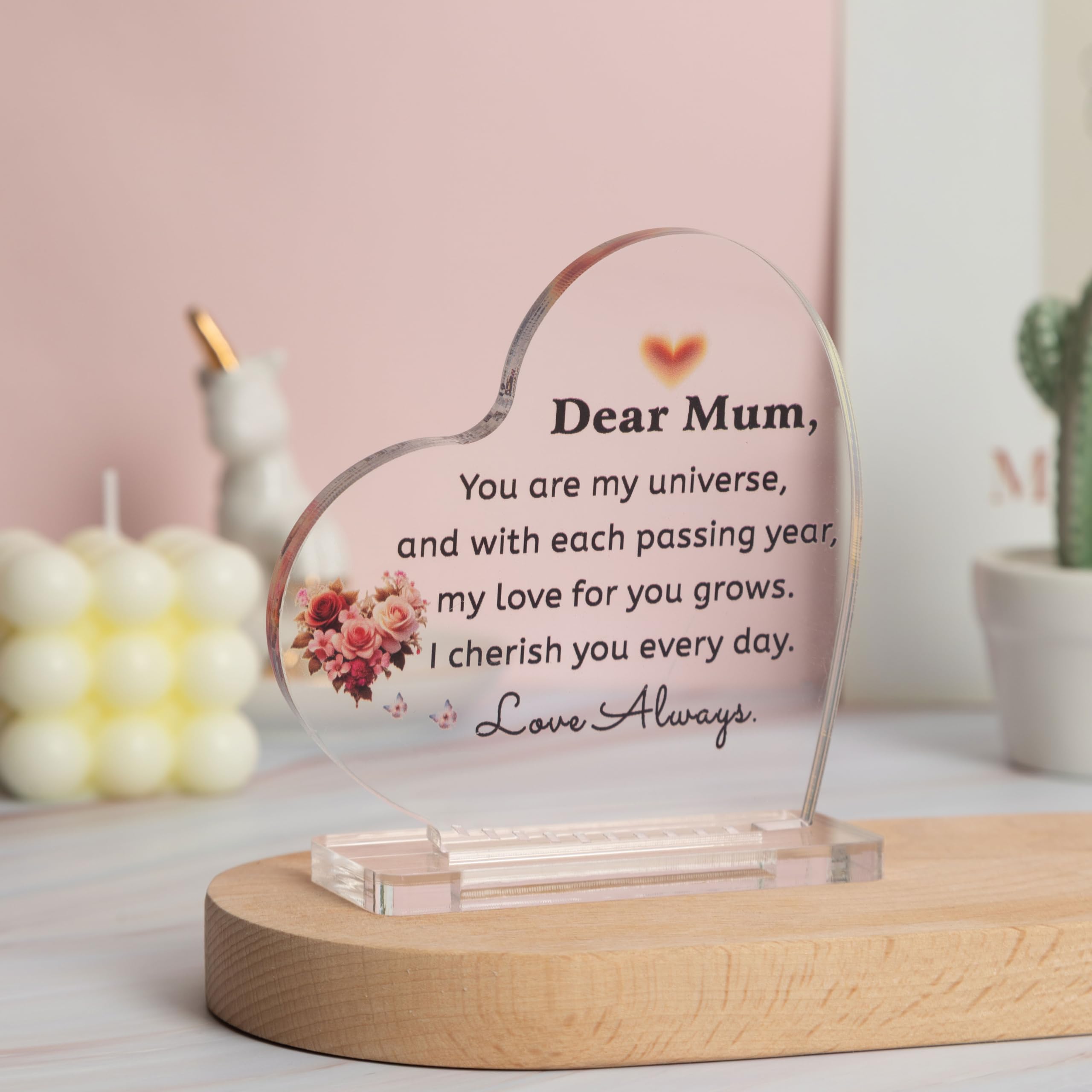 Mum Gifts on Mothers Day - Heart Shaped Acrylic Decorations on Her Birthday from Daughter Son for Mum Mother's Day Christmas Thanksgiving Valentines Day Present under 10 Pounds Gifts Ideal