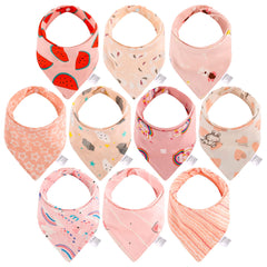 Baby Bandana Dribble Bibs, 10-Pack Cotton Baby Feeding Bibs Super Absorbent Drooling Bibs with Adjustable Snaps for Teething and Drooling (Pink)