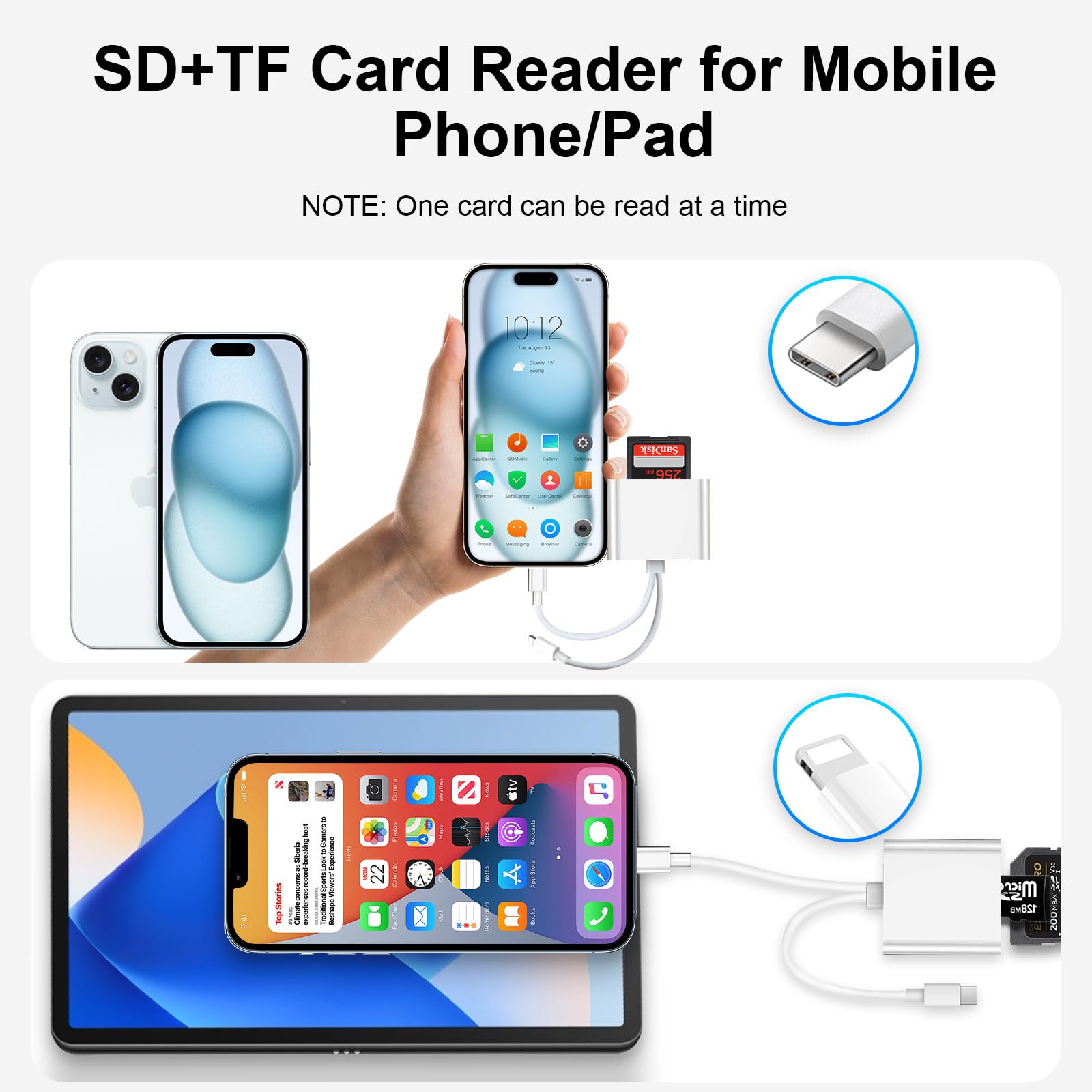 SD Card Reader for iPhone iPad, USB C SD Card Reader with Dual Slot for MicroSD/SD, Type C OTG Adapter, Camera Card Viewer Memory Card Reader, SD Card Reader for iPhone/iPad/Android/Camera