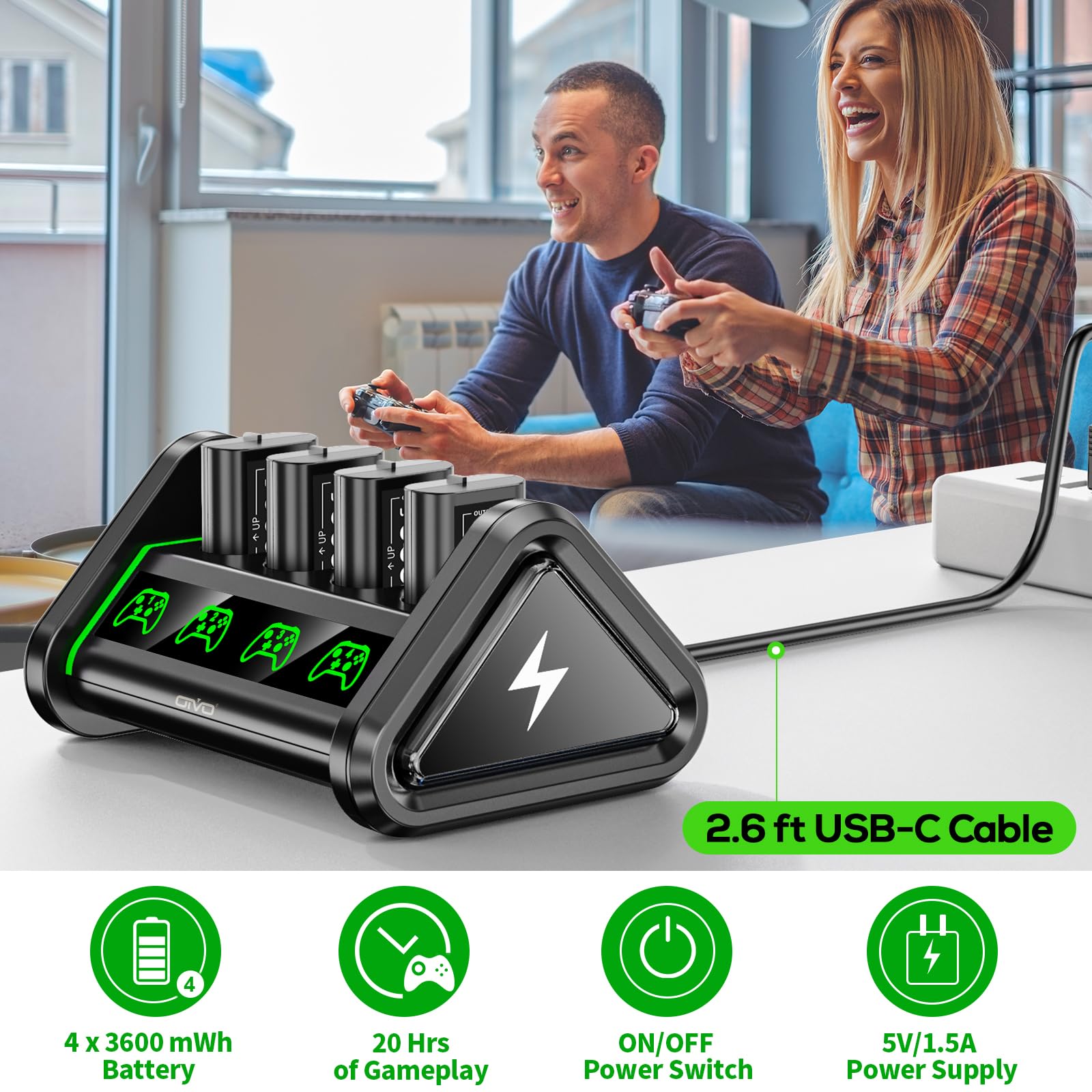 OIVO Rechargeable Batteries for Xbox One/Xbox Series X S, 4 x 3600mWh Batteries Xbox One Controller, Xbox Series Controller Battery with Charger Station for Xbox One/One S/One X (1500mAh=3600mWh)