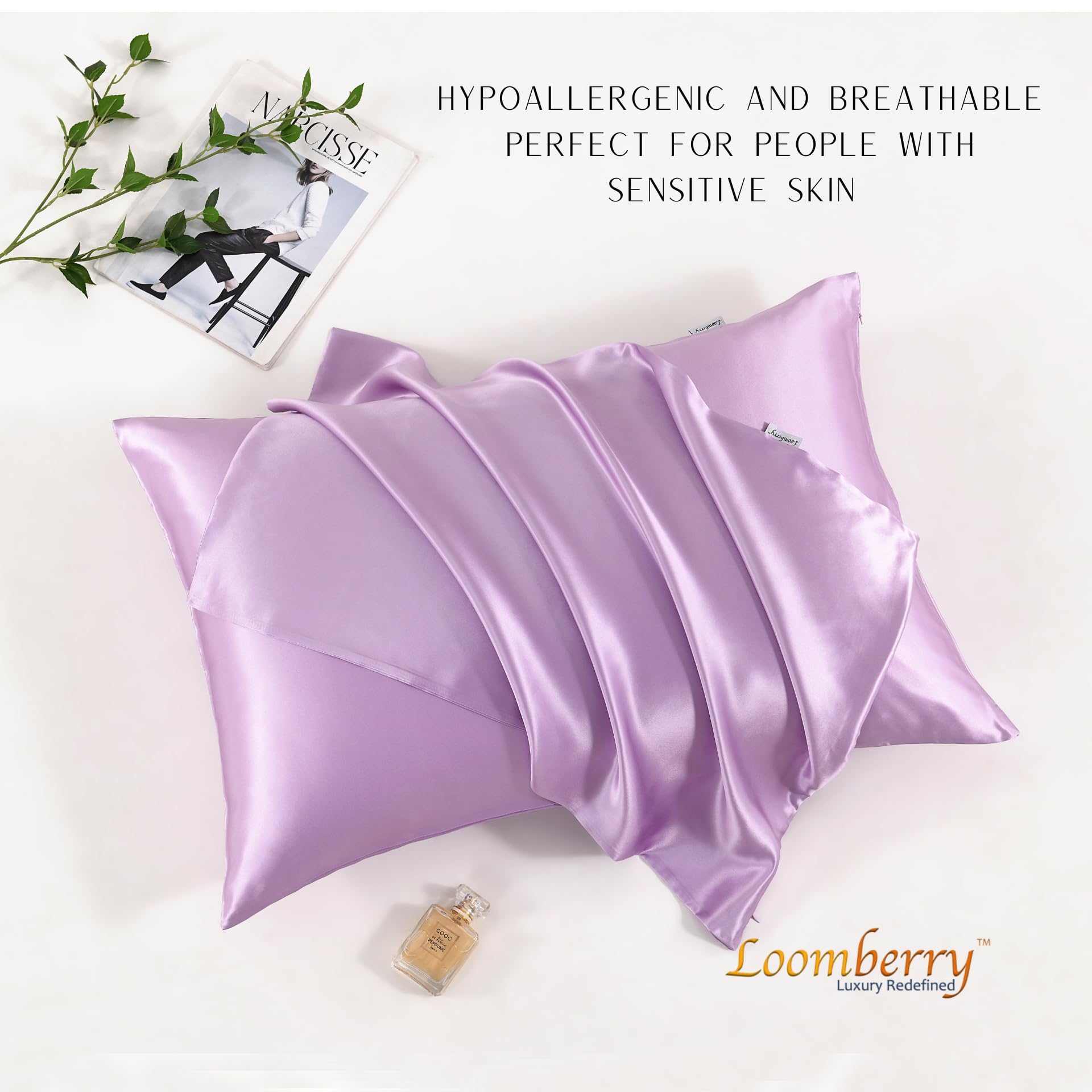 LOOMBERRY 100% Natural 22 Momme Pure Mulberry Silk Pillowcase for Hair and Skin Both Sides 22 Momme Highest Grade 6A with Hidden Zipper (Lavender, Standard (50x66CM))