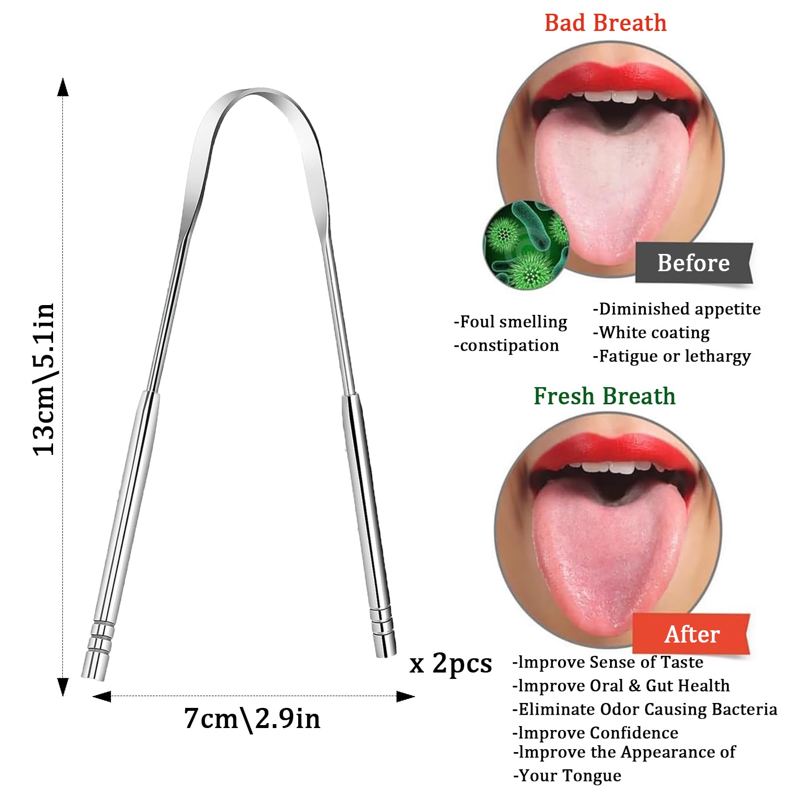 Tongue Scrapers for Adults by Aniuge,Medical-Grade Stainless Steel Tongue Cleaners-Fresh Breath Restored-Suitable for Bad Breath,Thick Tongue(2PCS-U Shape)