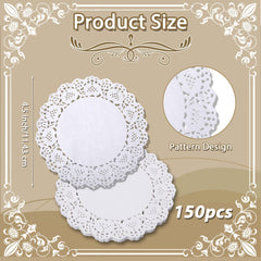 COMNICO 150 PCS White Lace Paper Doilies 4.5 inch Round Paper Doilies Disposable Paper Placemats Cake Packaging Pads for Wedding Tableware Food Decoration (4.5 inches)