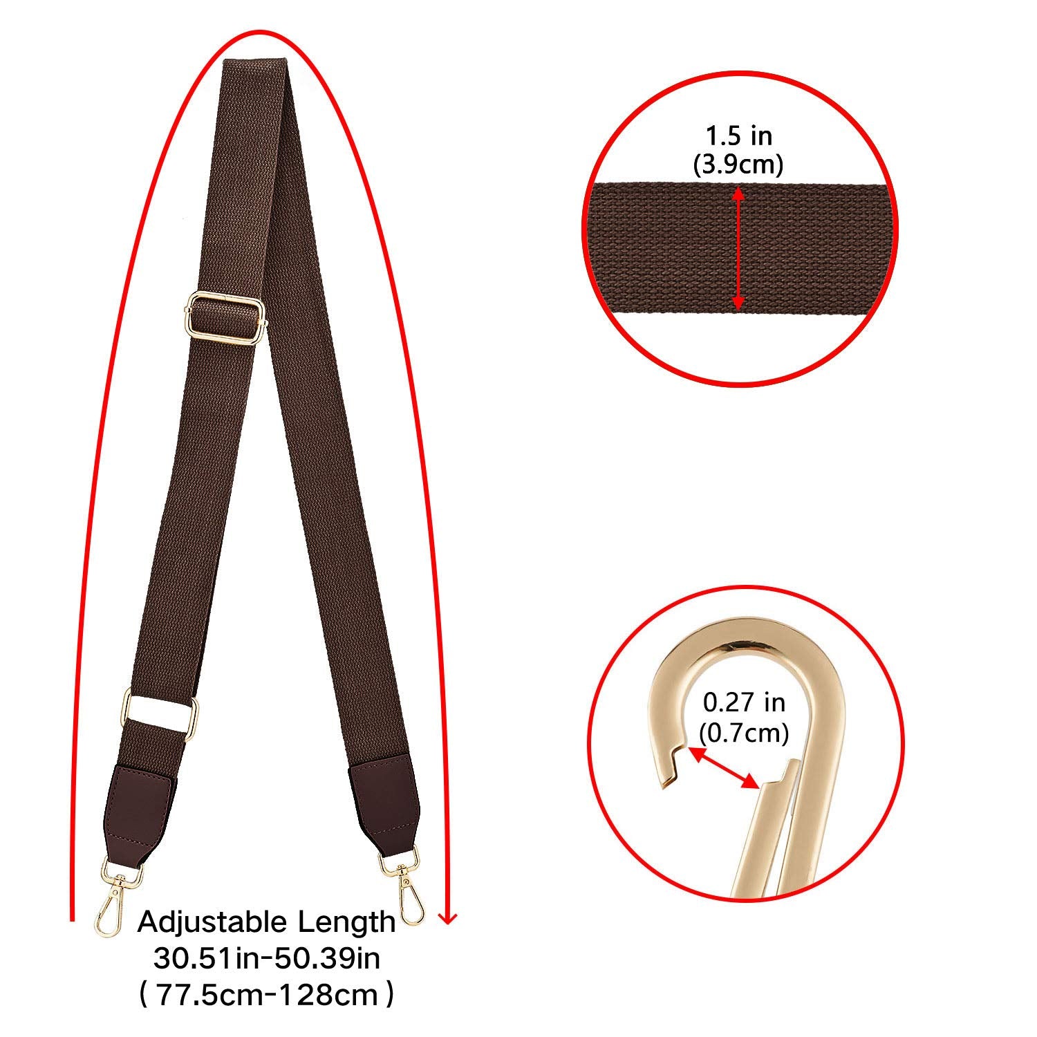 Women Wide Shoulder Bags Strap,Adjustable Replacement Belt Bag Strap with Leather Gold Hooks Canvas Purse Straps Messenger Bag Changeable Long Strap For Crossbody Handbag(Leather-Dark Brown)