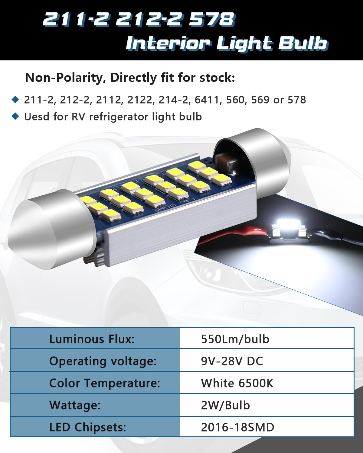 Alopee 578 LED Festoon Bulb, 41mm 1.61'' Festoon LED C5W Bulbs,9-28V 2016 18SMD White 41mm Canbus Error Free Festoon Bulbs for 211-2 569 578 Car Interior Dome Map Courtesy Trunk Light (6pack)