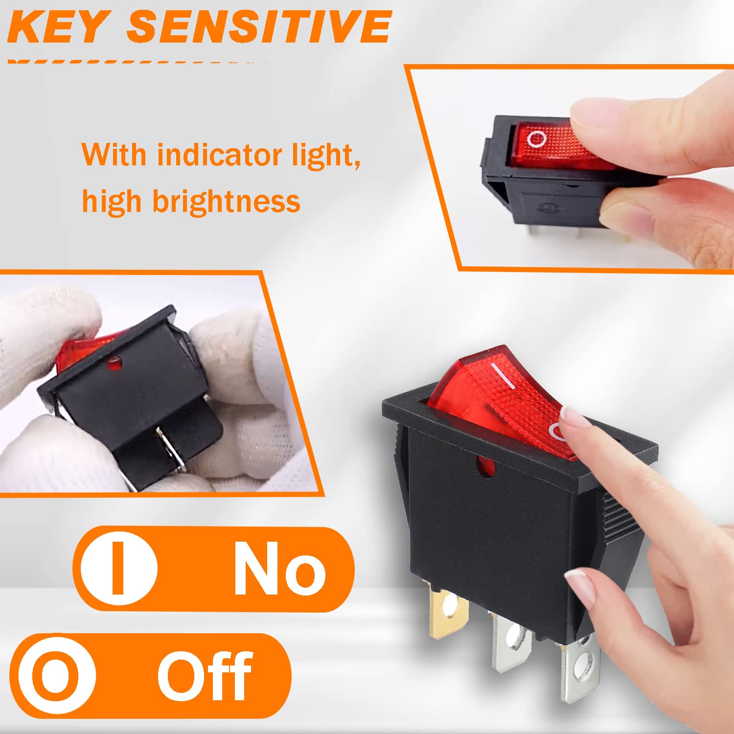 HUAREW 5Pcs Rocker Switch Red Light Illuminated, ON/Off SPST 3 Pin 3 Position Boat Rocker Toggle Switch Snap AC 250V/15A 125V/20A KCD3-101