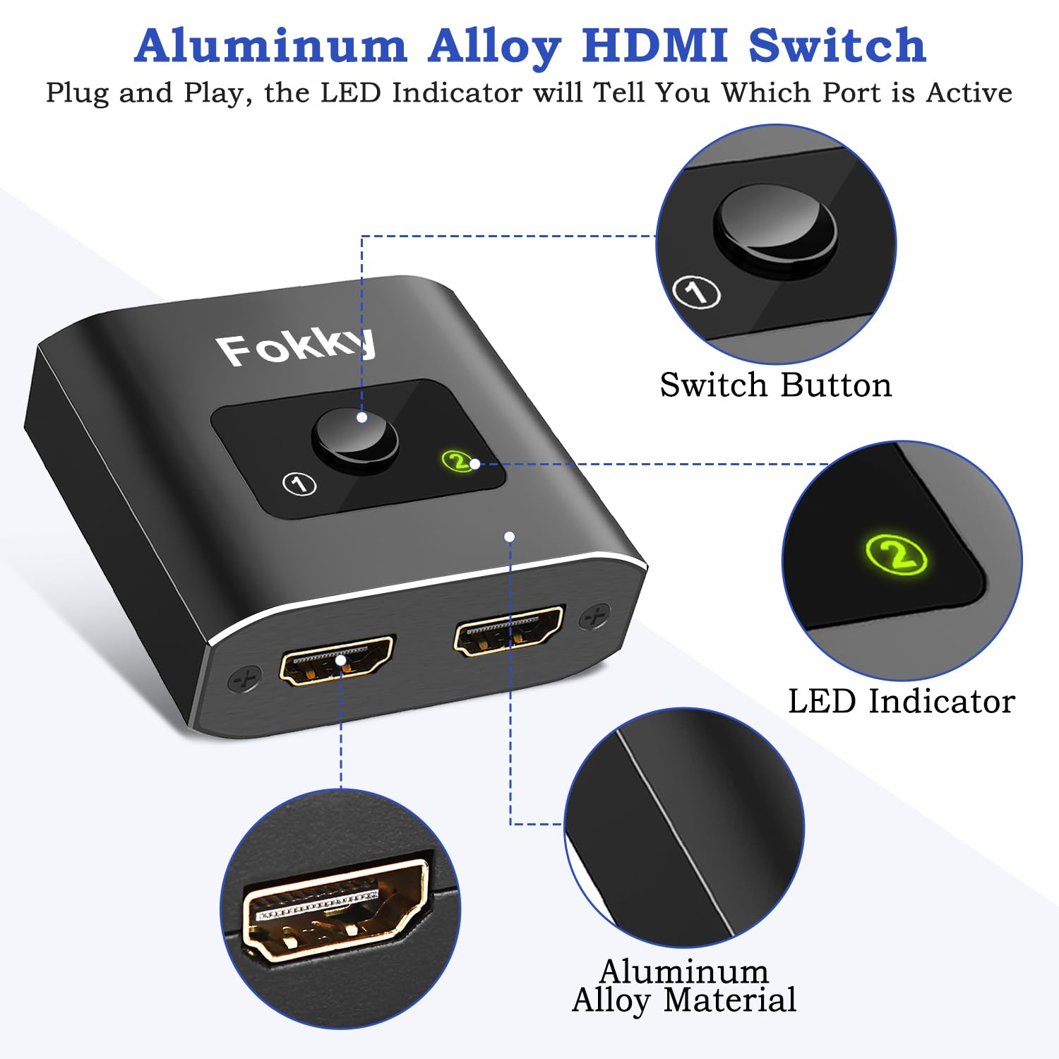 Fokky HDMI Splitter 4K@60Hz, Bidirectional HDMI Switch, Aluminum HDMI Splitter 2 in 1 out / 1 In 2 out, HDMI Splitter for dual monitors, Support 3D 1080P, suit for Xbox,PS5/4,DVD,【CABLE NOT INCLUDE】