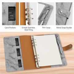 FYY Leather A5 Ring Binder Notebook, 6 Ring A5 Binder with A5 Refill Papers, Binder Pockets and Subject Dividers Paper Sheet, Travel Binder Journal Personal Planner with Ring Binder Mar-Grey