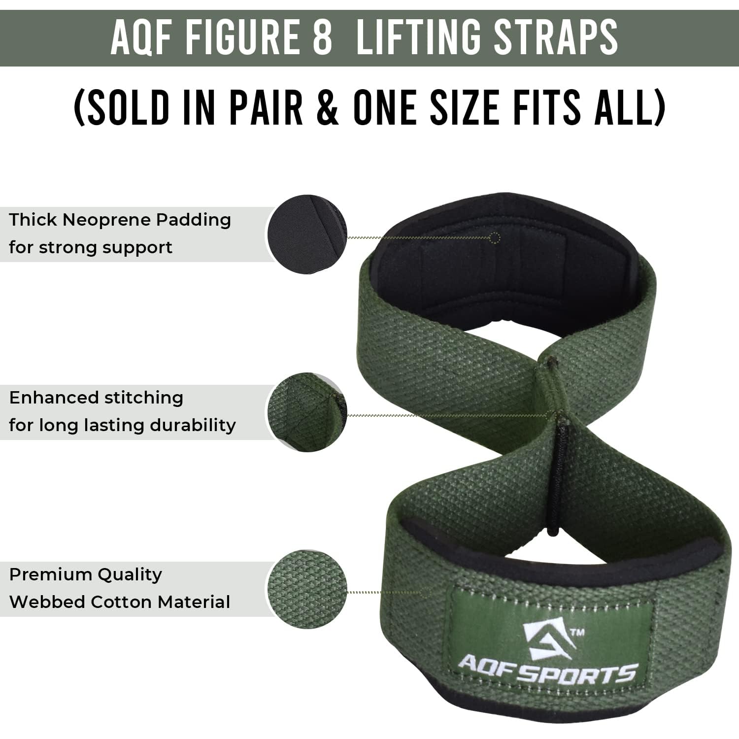 AQF Weight Lifting Straps Figure 8 with Padded Cuff Wrist support Training Gym Straps Hand bar Grip Gloves Support Workout (Military Green)