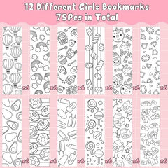 EGuangwiua 75Pcs Cute Girls Color Your Own Bookmarks DIY Creative Coloring Book Marker Art Class Paper Craft School Reading Club Reward Teacher Supplies Birthday Gift Bag Filler Party Decoration