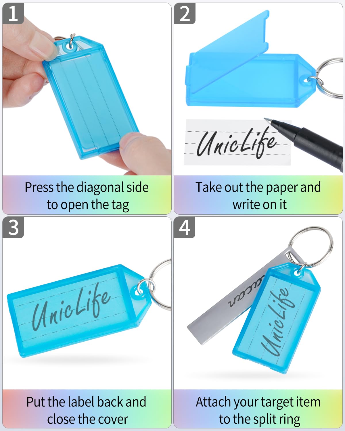 Uniclife Key Tags 5 cm Plastic Key Chain Tags Set with Blank Paper Labels Transparent Windows and Split Rings Colorful Soft Flexible & Sturdy Item Identifiers, 30 Pack