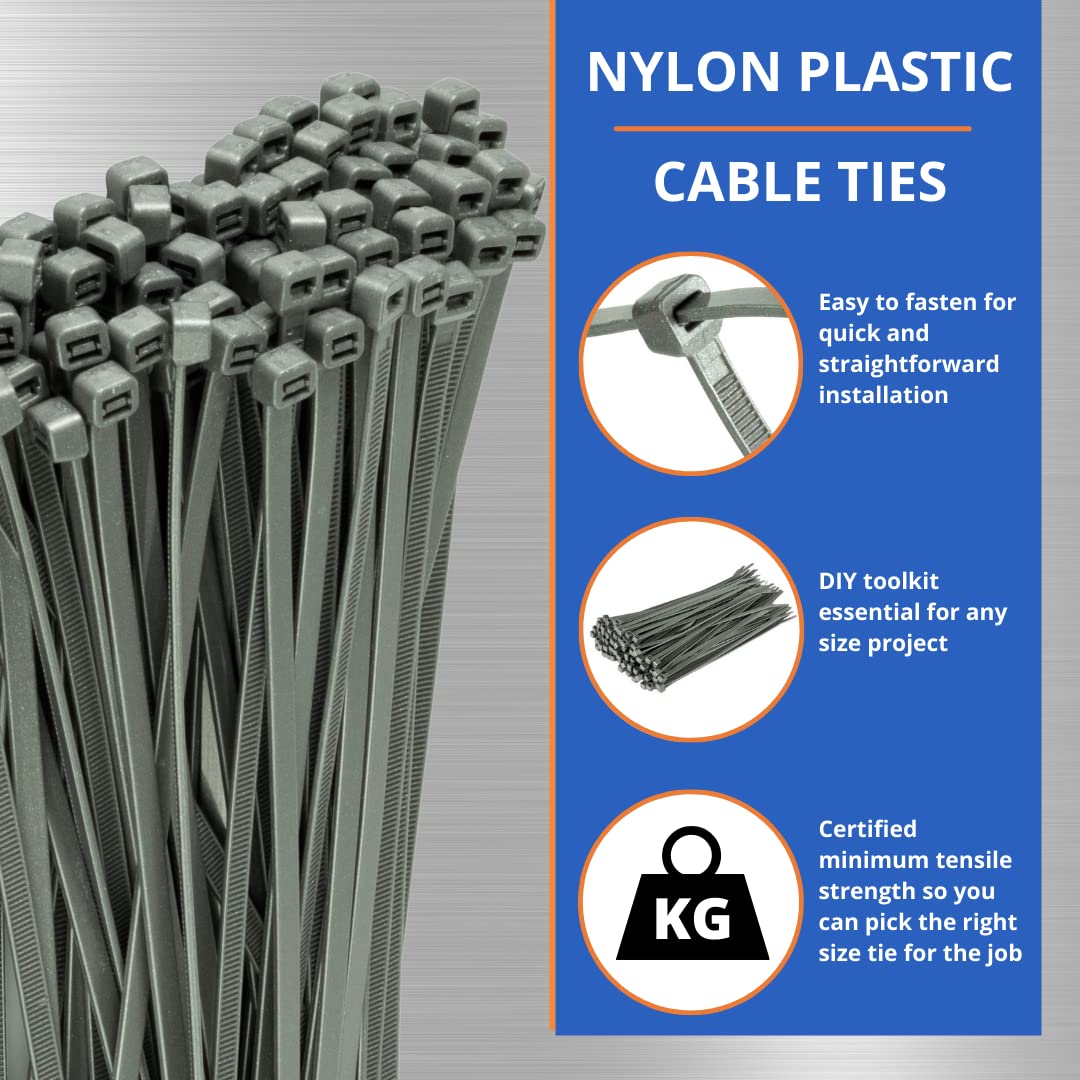 GTSE Silver Cable Ties, 200mm x 2.5mm, Pack of 100, 8” Premium Nylon Zip Ties, Multi-Purpose Plastic Tie Wraps, Secure Self-Locking Mechanism, for Home, Garden, Office and DIY