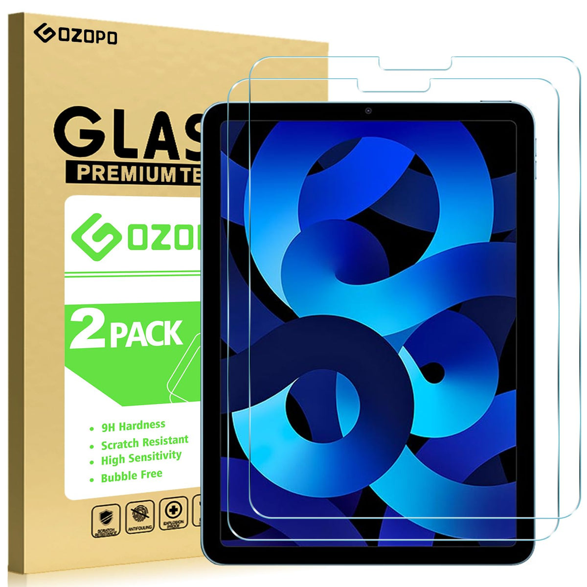 GOZOPO 2 Pack for iPad Air 5 Screen Protector (10.9-Inch, 2022 Model, 5th Generation), HD Tempered Glass Film