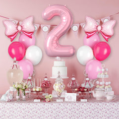 Pearl Pink Number 2 Balloon, 40 Inch 2nd Birthday Balloons, 11Pcs Macaron Pink White Latex Balloons Hot Pink Bow Balloons Pastel Pink Number 2 Foil Balloon for Baby Girls 2nd Birthday Party Decoration