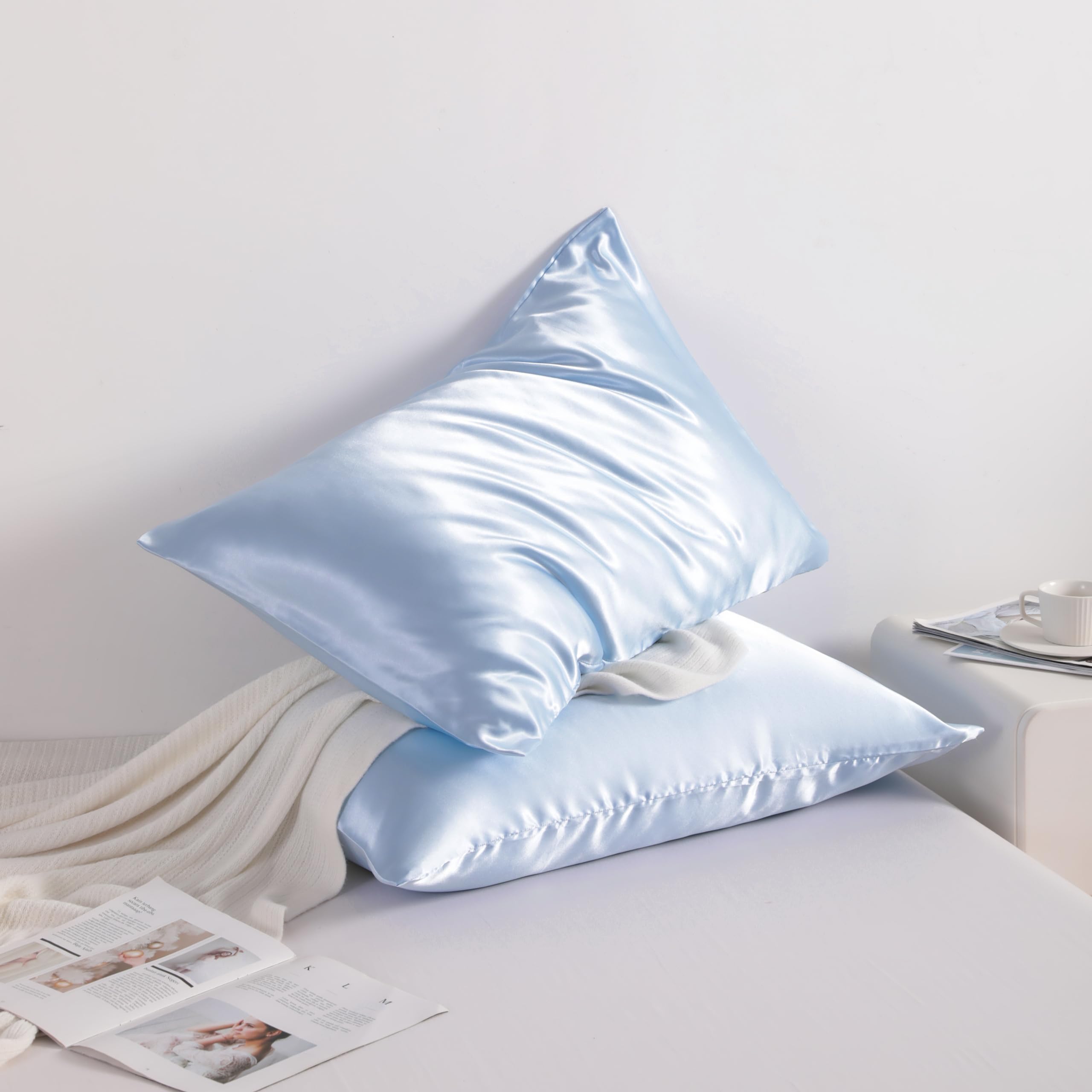 NTBAY Silk Satin Pillowcases - Satin Pillowcase for Hair and Skin, Pillow Cases 2 Pack with Envelope Closure, 50x90 cm, Light Blue