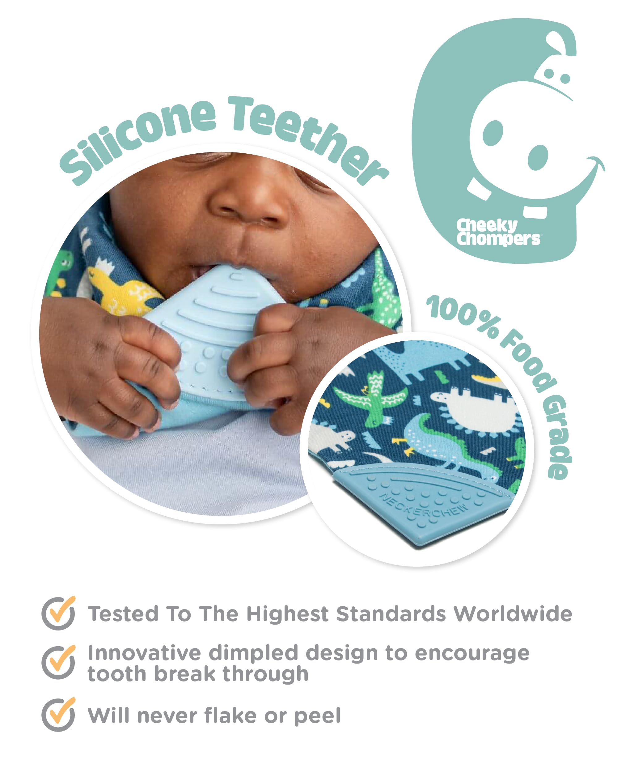 Cheeky Chompers Baby Bibs with Teether   2 monthsand Teething Bibs, Toddler Bibs   Reversible Dribble Bib & Baby Teether   Multi-Award Winning Neckerchew (Baby Dino, Single)