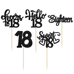 30Pcs18th Birthday Cupcake Toppers Eighteen Happy 18th Cupcake Picks Sweet 18 Cheers to 18 Cake Decorations for 18th Birthday Anniversary Party Supplies Black Glitter