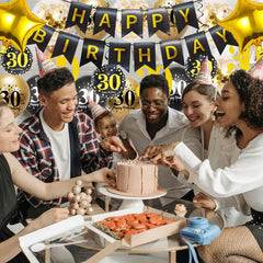 Pargleev 30th Birthday Decorations for Men Women,16in Number 30 Birthday Foil Balloons with Swirl Decorations Happy Birthday Banner and Star Foil Balloons 12PCS Confetii and Latex Balloons Black Gold