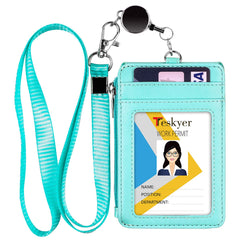 Teskyer Card Holder with Retractable Lanyard, Badge Holder with Zipper Pocket and Holds 4 Cards, Vertical Card Holder with Clear Window, PU Leather, Cyan