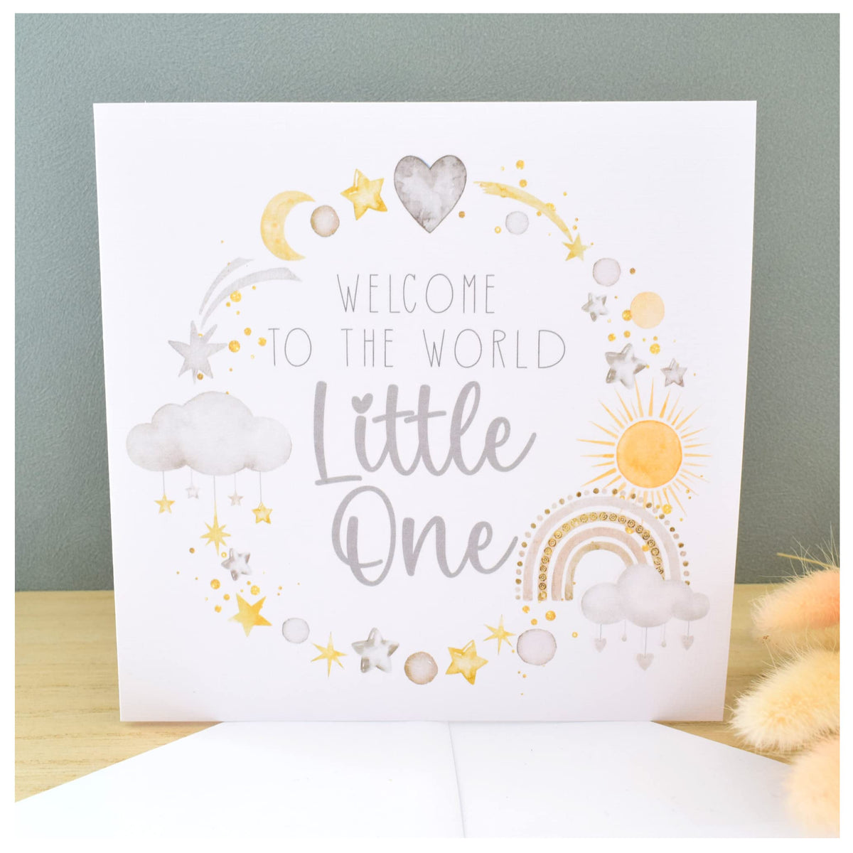 New Baby Card. Girl or Boy. Gender Neutral. Newborn Congratulations. Welcome to World Card. Watercolour Grey Yellow Cloud Star Rainbow. Square Modern Greeting Card