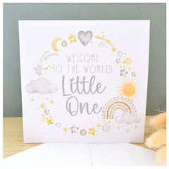 New Baby Card. Girl or Boy. Gender Neutral. Newborn Congratulations. Welcome to World Card. Watercolour Grey Yellow Cloud Star Rainbow. Square Modern Greeting Card