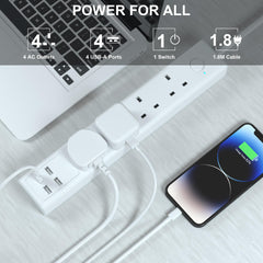 Extension Lead with USB Slots, 4 Way Sockets Outlets 4 USB Ports, 13A/3250W 1.8M Extention Cable with Switch Surge Protected Power Strips, UK Multi Plug Adapter Electrical Cords