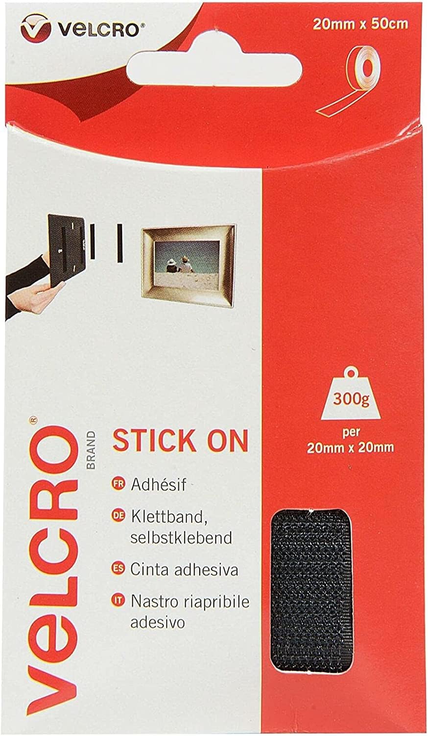 VELCRO Brand Stick On Tape Cut-to-Length Strong Hook & Loop Self Adhesive Sticky Tape Perfect for Room Décor & Home, Office, Garage Use Black 20mm x 50cm