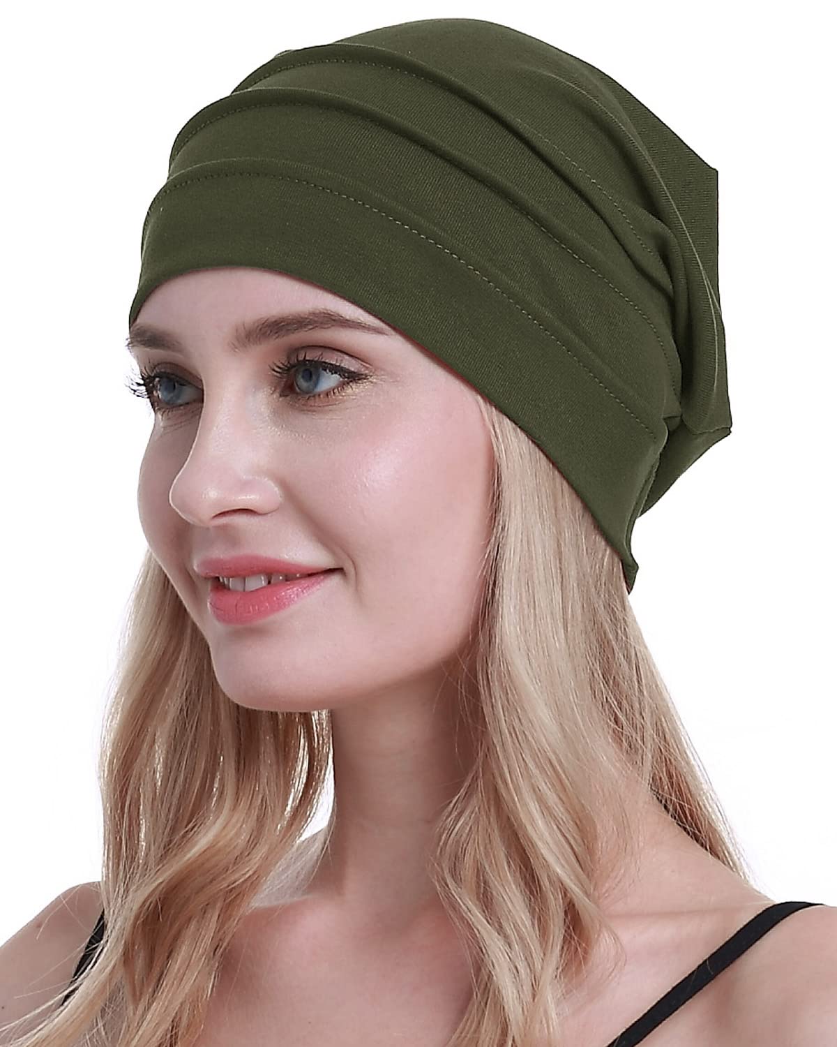 osvyo Cotton Chemo Hats Soft Caps Cancer Headwear for Women Hair Loss Sealed Packaging Army Green, Army Green