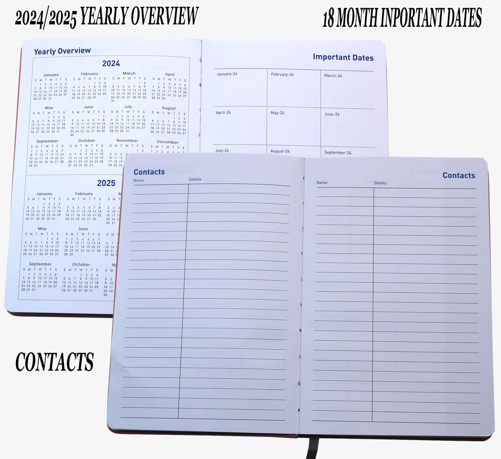 Diary 2024-2025 - 18 Month Diary from Jan. 2024 to Mid Year Jun.2025, A5 Week to View Diary, Weekly & Month Planner with Leather Cover, Pen Loop, Inner Pocket (Blue)