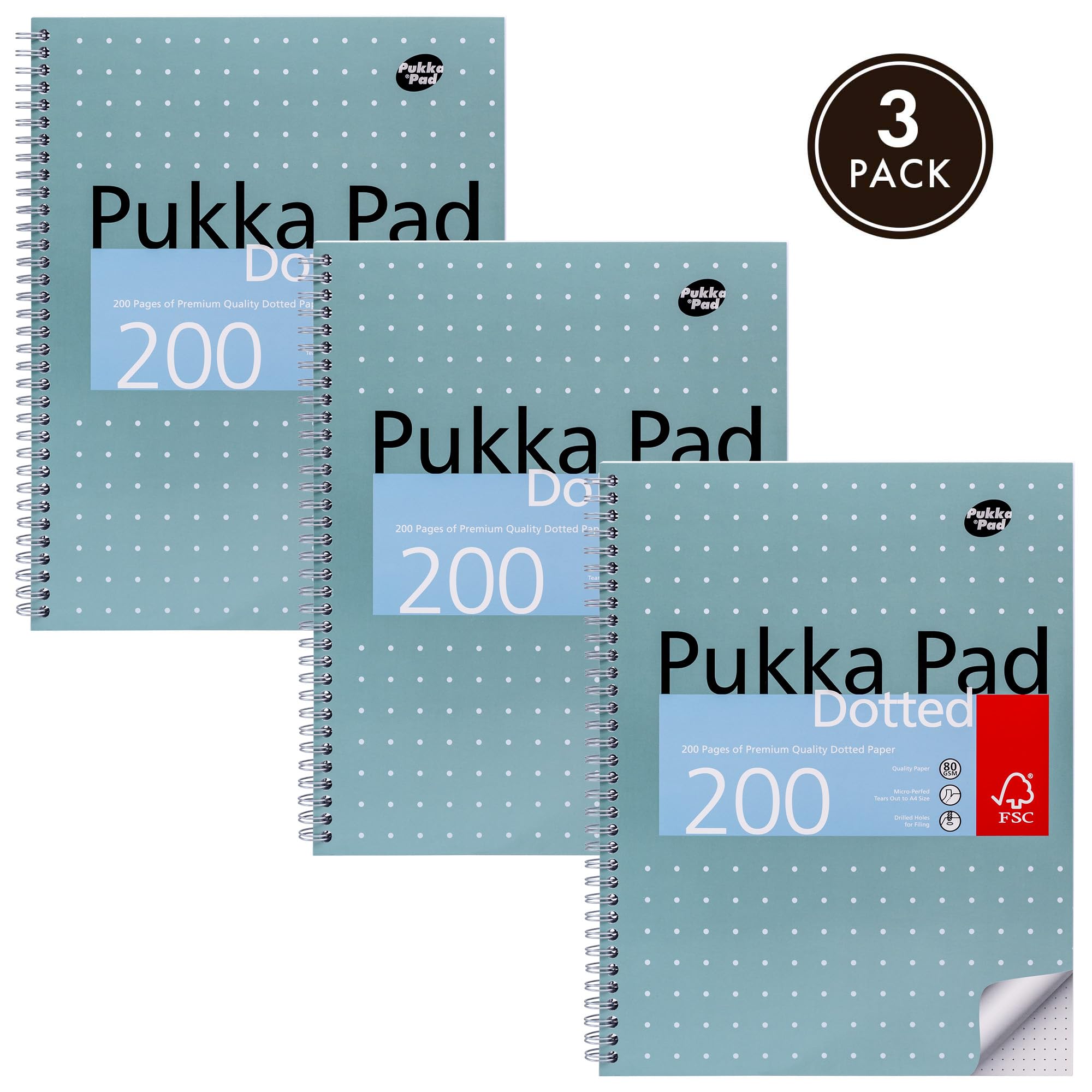 Pukka Pad, A4 Dotted Metallic Jotta Book for Graphing, Art, Bullet Journaling – 3 Pack – 29.7 x 23cm – Wirebound Notebook with 80GSM Paper, 4-Hole Margins and Perforation - 200 Pages, Grey