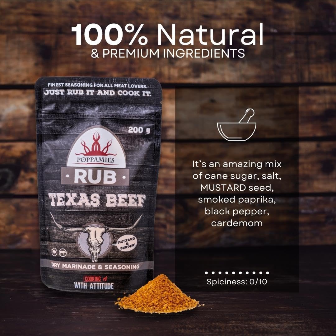 Poppamies Texas Beef BBQ Rub, Dry Marinade & BBQ Seasoning Perfect Beef, Pork - Great in The Grill, Barbecue, Oven, Boiler and Pan - Large Pack (200g)