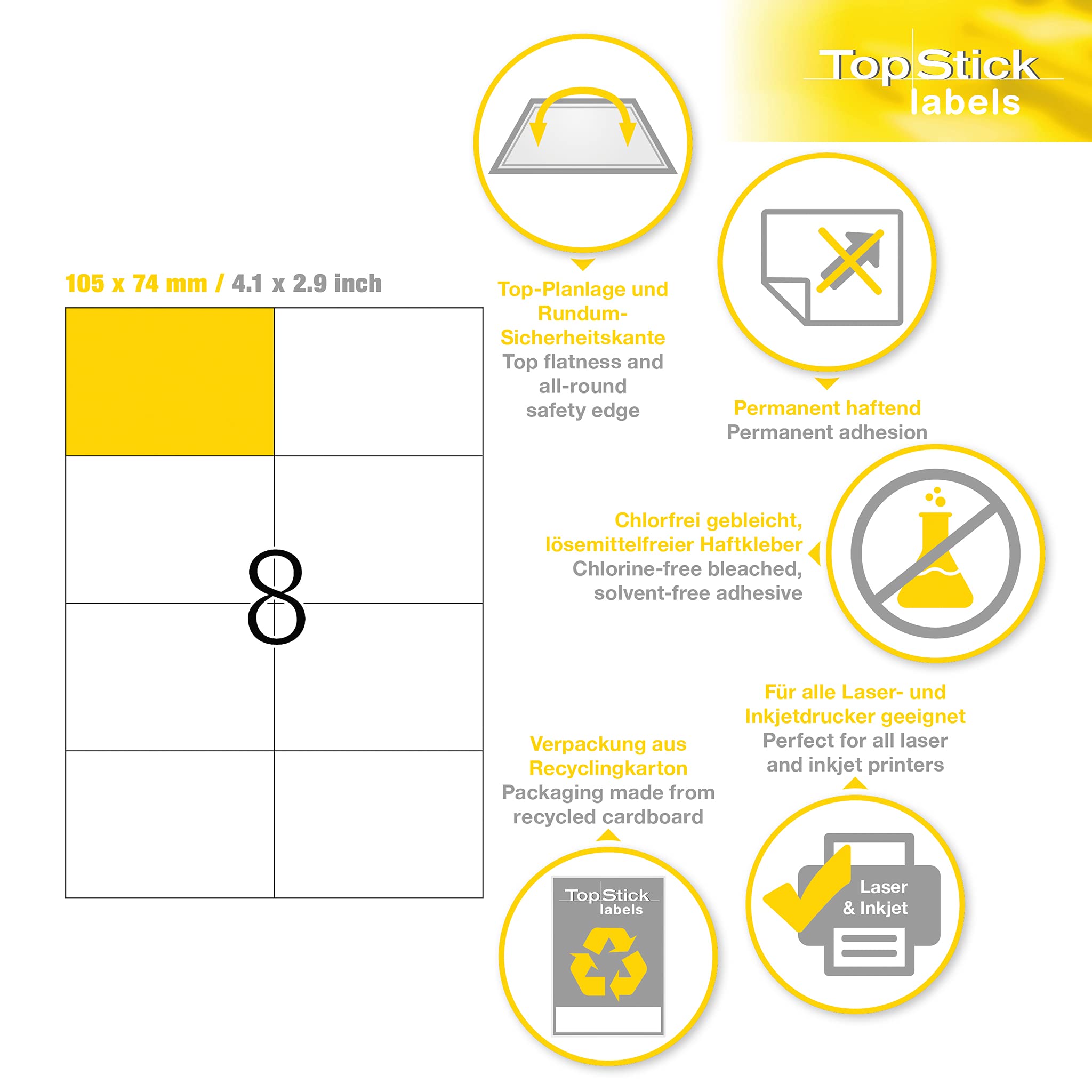 TopStick 8716 Multi-Purpose Labels, 8 Labels Per A4 Sheet, 105 x 74 mm, 8000 Labels, Self Adhesive, Large Stickers for Laser and Inkjet Printers, White