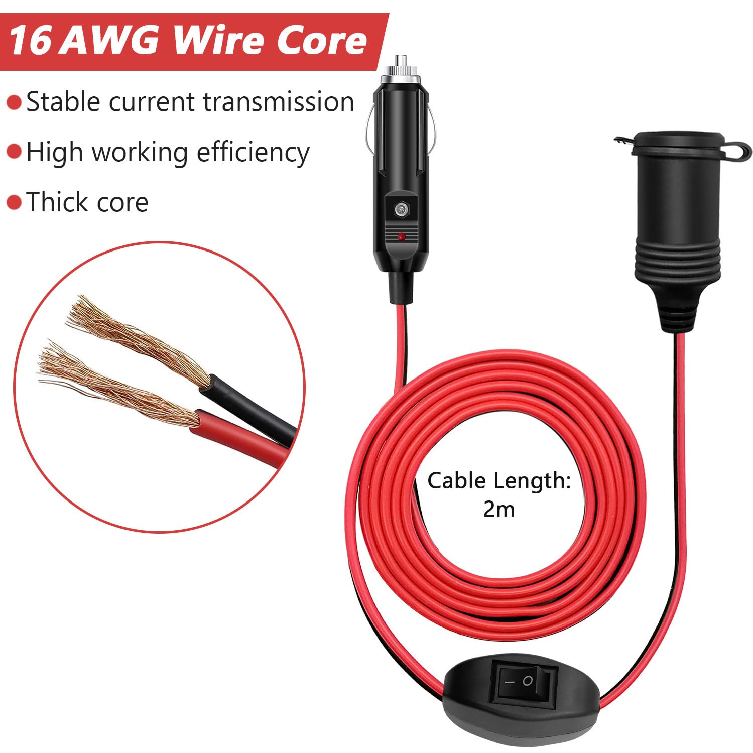 20FT 12V-24V Car Cigarette Lighter Extension Cord Heavy Duty 15A Fuse Extension Cable Plug to Socket for Air Compressor Pump 16AWG Male to Female Socket …