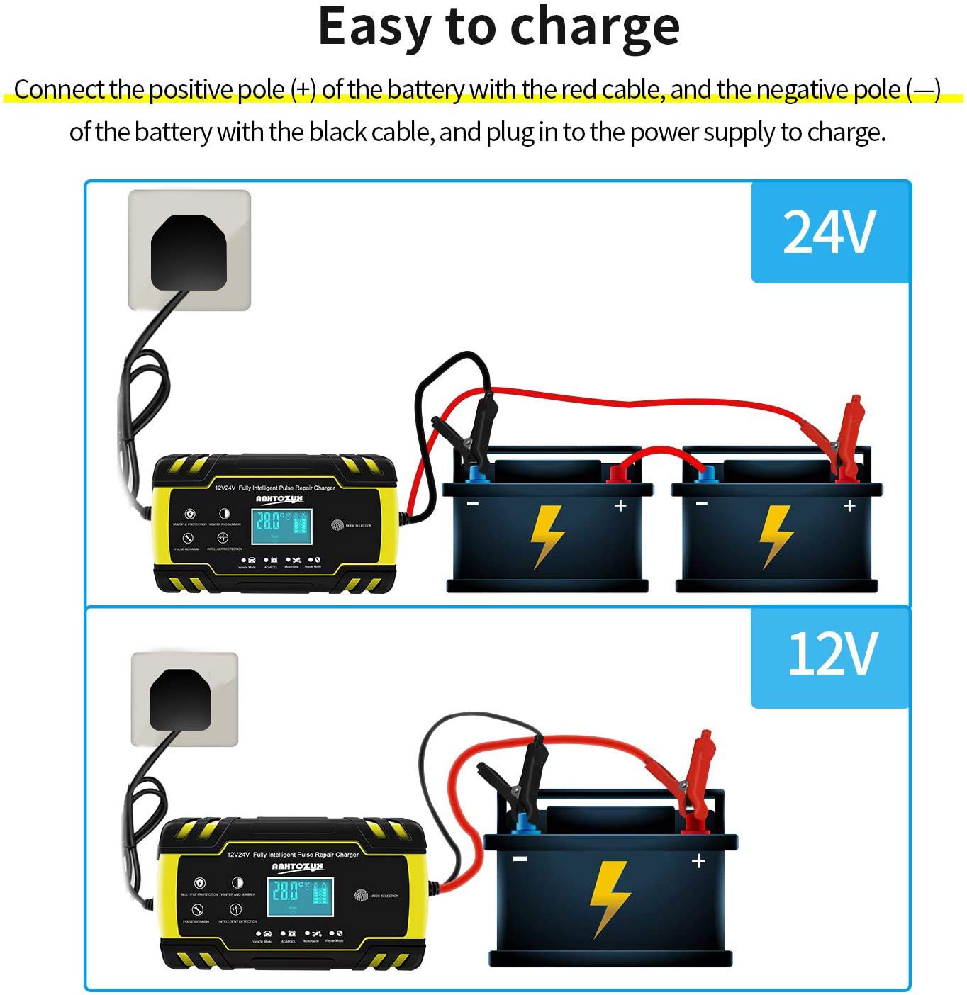 HAUSPROFI 12V/24V 8Amp Automatic Battery Charger with 3-Stage Charging, 6 Charging Mode and LCD Screen, Intelligent Charges, Repairs, Maintains Car Motorcycle Boat Mower Battery