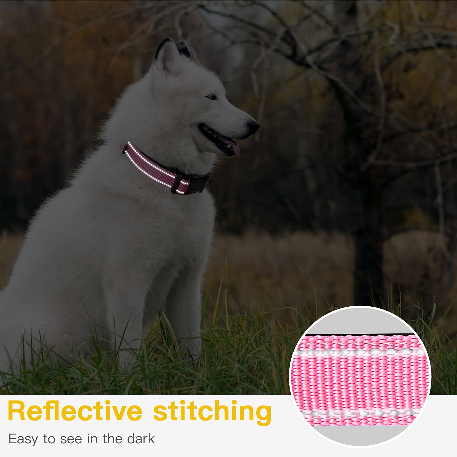 HEELE Dog Collar, Reflective Dog Collar, Soft Neoprene Padded Breathable Nylon Pet Collar Adjustable for Small Dogs, Pink, S(26-38cm)