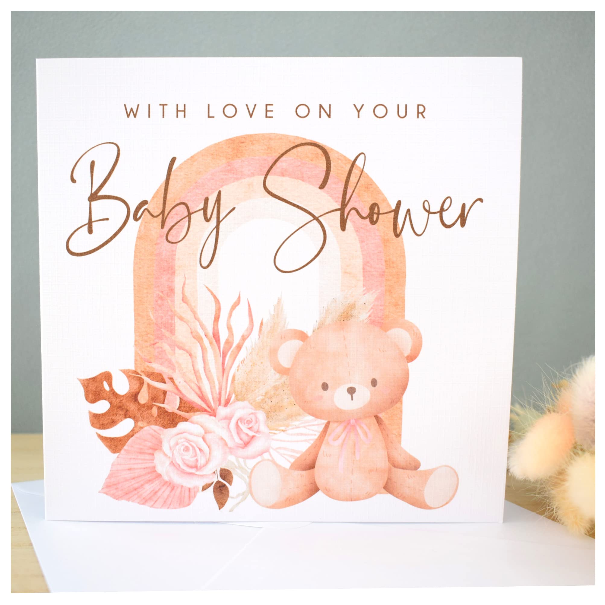 Baby Shower Card. Pregnancy Congratulations. Mummy To Be Card. Neutral Dried Pampas Flowers & Rainbow Arch. Nude Pink Beige. Square Modern Greeting Card