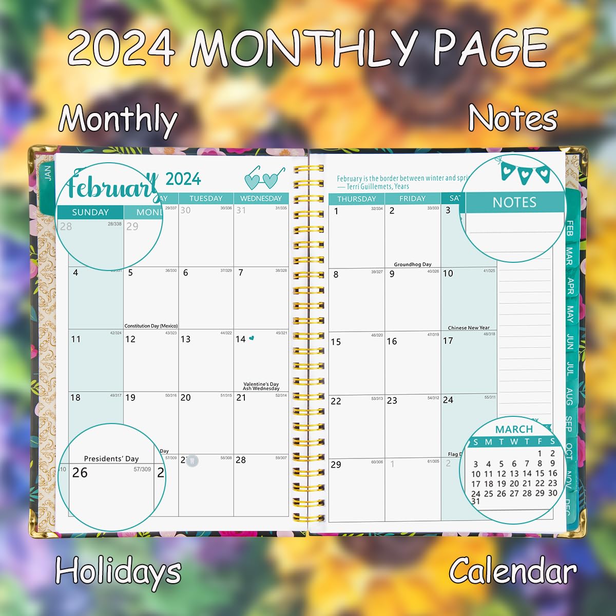 NADSSJL 2024 Diary A5 Week to View, Diary 2024 Day per Page, Jan.2024 - Dec.2024, Day View Planner Organizer, Hard Cover, Monthly Tabs, Bookmark, Stickers and Inner Pocket A5 (Little Flower)