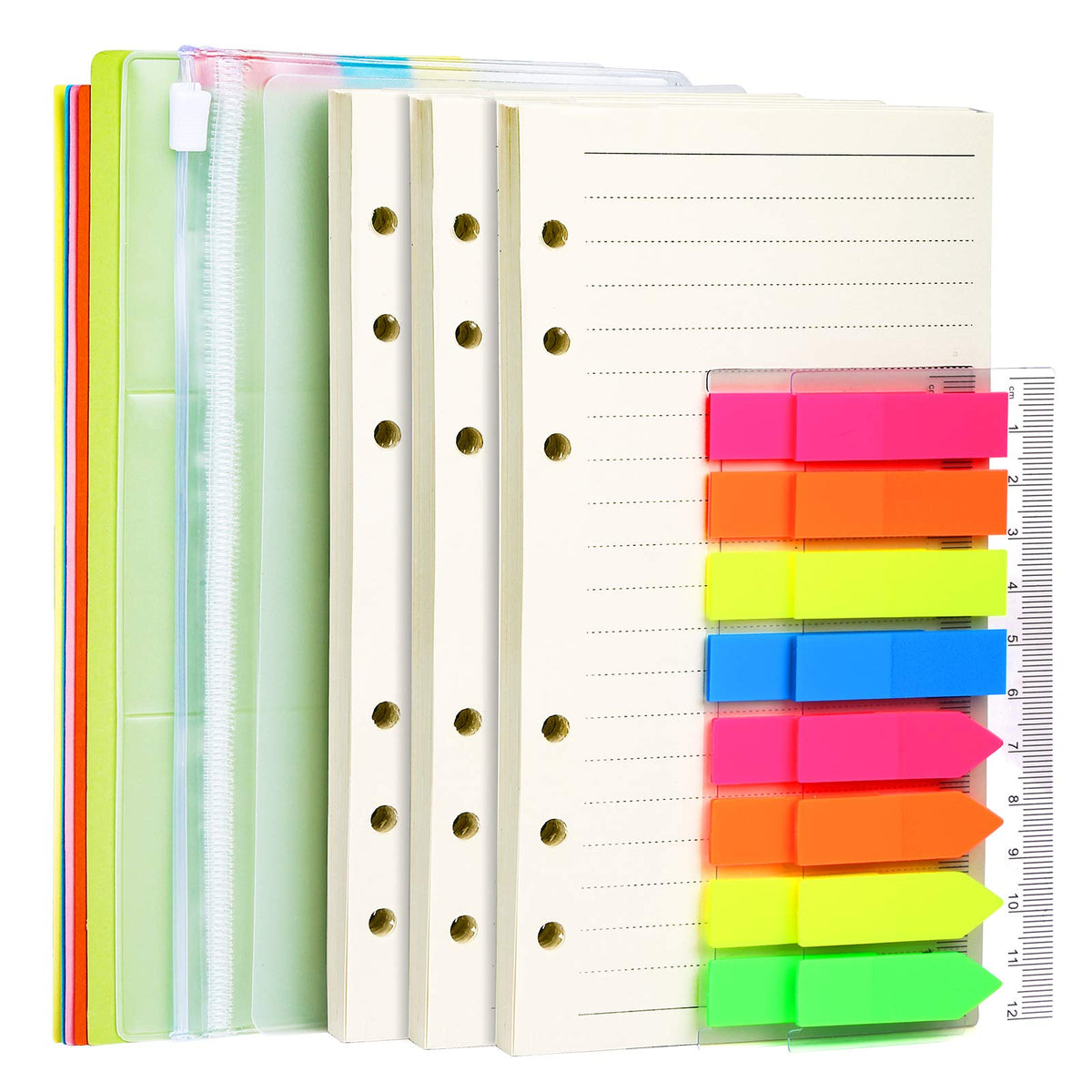 A6 Refill Paper, 3 Pack Ruled Line Paper Personal Organiser, 6PCS Binder Dividers, 160PCS Index Flags, 2PCS Binder Pockets, 6 Hole Loose Leaf Paper for 6 Ring A6 Personal Binder Notebook