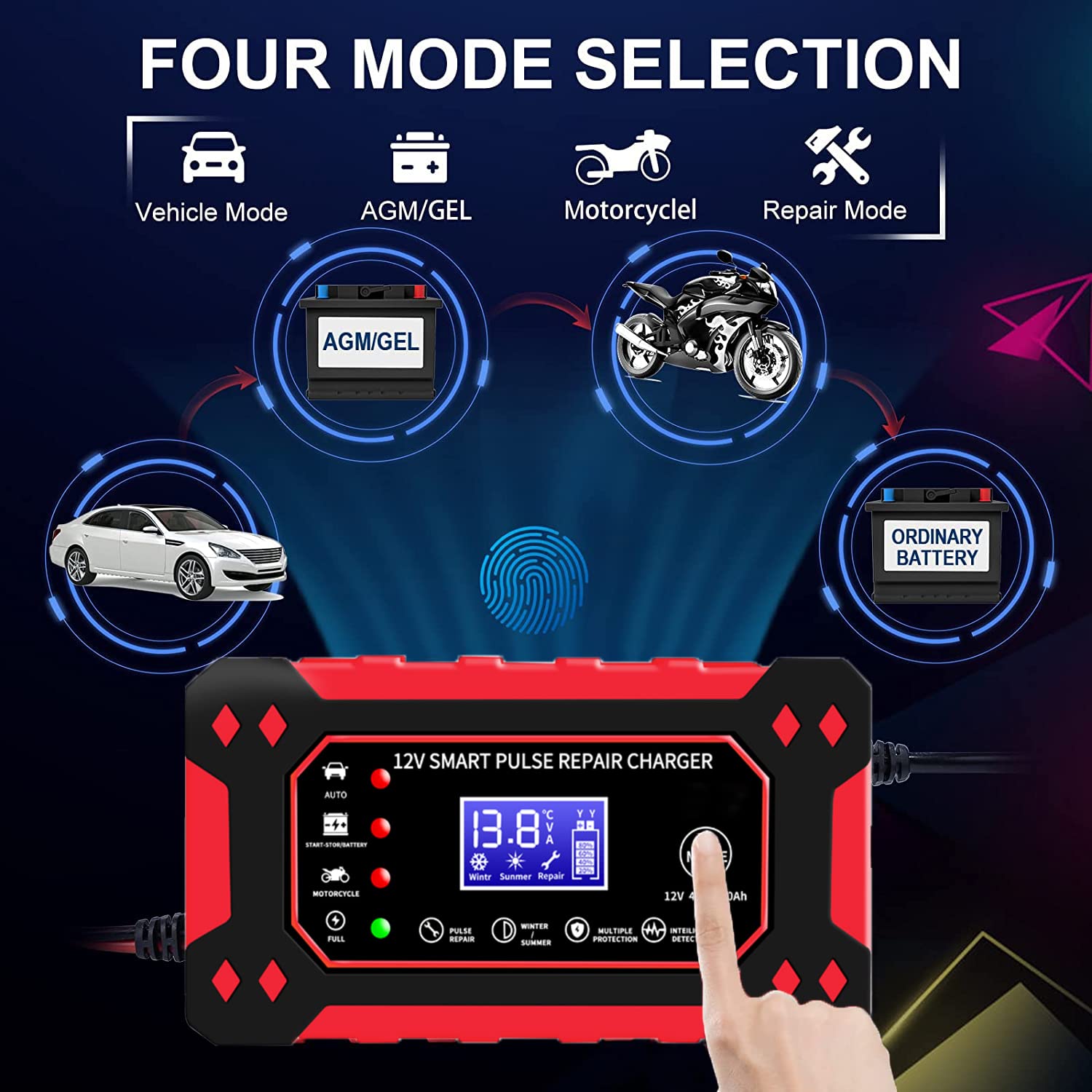 Car Battery Charger 12V 6-Amp Fully Automatic Smart Charger, Trickle Charger and Maintainer, Car Battery Repair and Desulfator for Cars Boat Motorcycle Lawn Mower RV ATV SUV Snowmobile