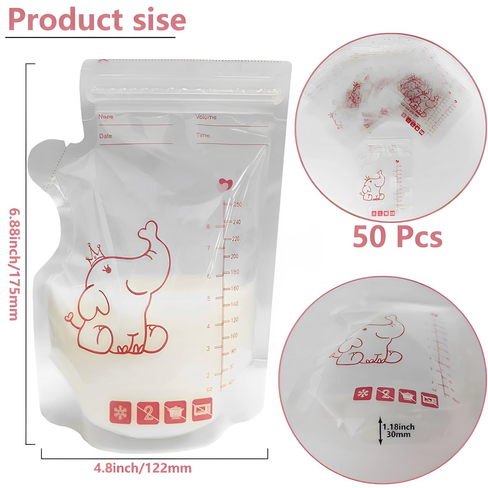 MORJCG 50 Pcs Breast Milk Storage Bag, 250ml Disposable Bags, Bags Breastfeeding, No-Leak Freezer Pouches, for (Elephant Pattern)