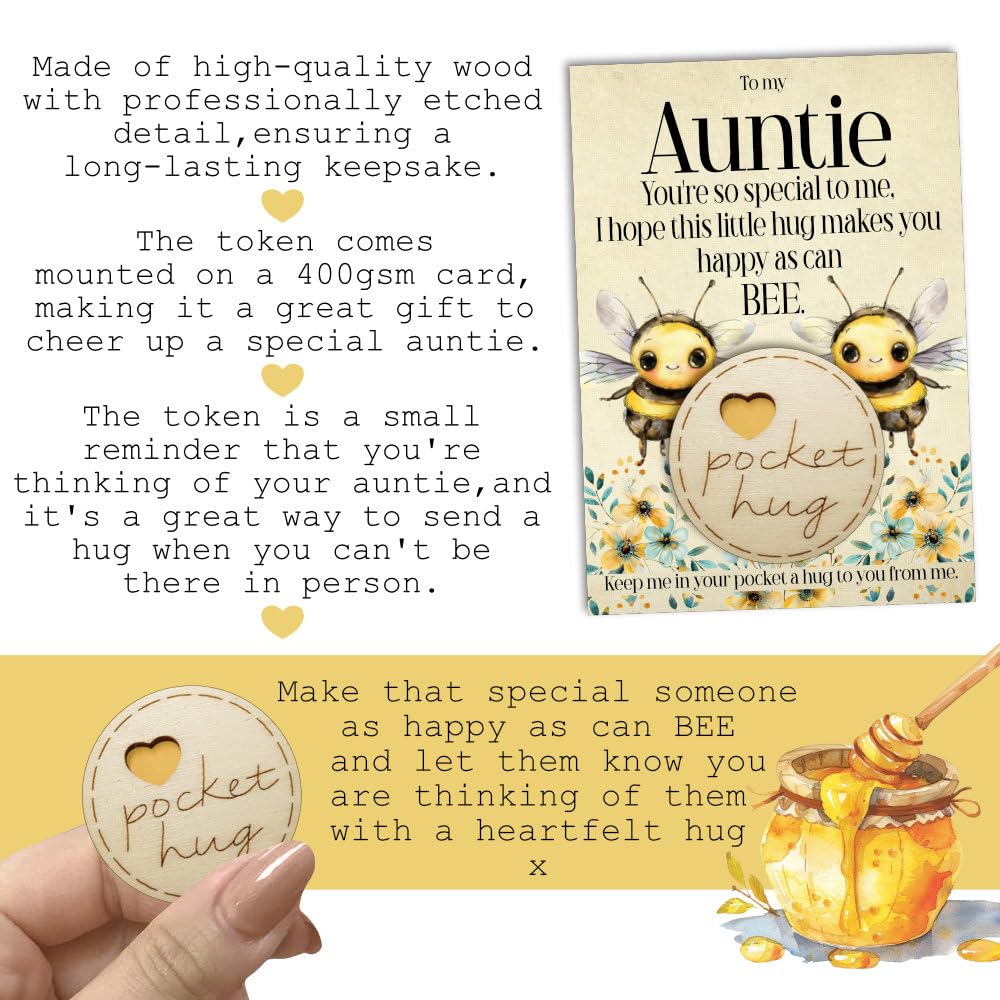 Maise & Rose A Little pocket Hug Token For Auntie   Birthday Gift For Auntie   Thinking Of You Hug Gift   Cheer Up Gift   Bumble Bee Auntie Pocket Hug Token   BTKA