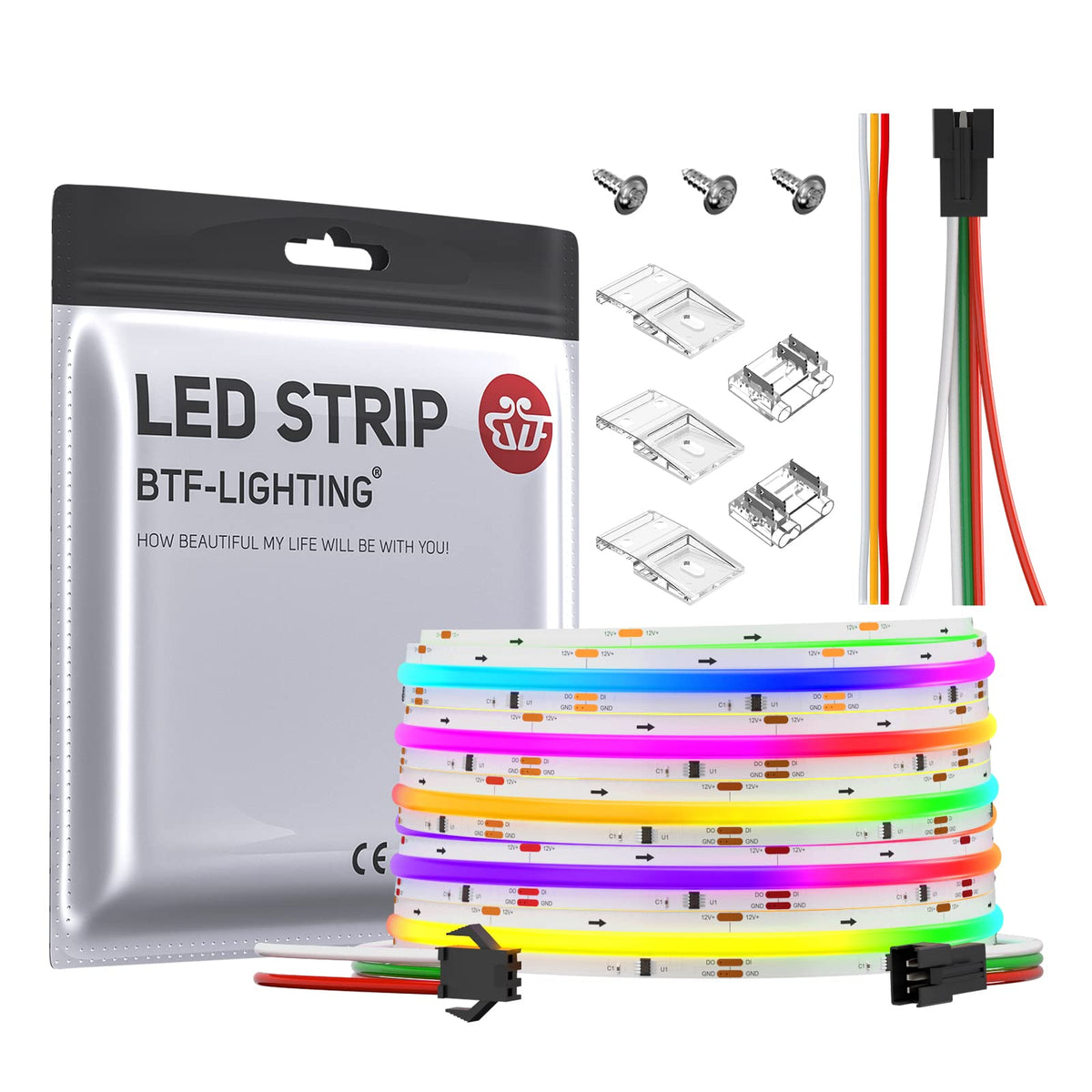 BTF-LIGHTING FCOB SPI RGB Flexible High Density LED Strip COB WS2811 IC LED Strip 5M 720LEDs/m 21W/M DC12V White PCB IP30 Chasing Colour(Without Controller and Power Supply)